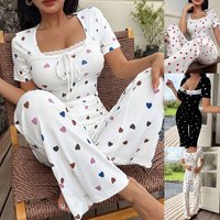 Ladies' Sexy Heart-shaped Pajamas Fashionable Hot Girl Lace Trim Short-sleeved Long Pants Casual Two-piece Set Home Wear