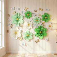 Green Floral Decorative Paper Fan Pull String Shop Background Wall Spring Universal Decoration Festive Supplies