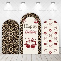 Mehofond Leopard Print Birthday Arch Backdrop Cover Red Bow Cherry Party Decor Girls Happy Birthday Photography Background