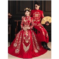 Cheongsam Hanfu Embroidery Dragon Phoenix Chinese Traditional Couple Wedding Suit Cheongsam Elegant Bride Vintage Qipao Dress