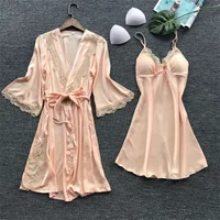 2PCS Female Lace Pajamas Set Satin Home Pyjamamas Lace Robe Sleep Suit V-Neck Wedding Nightwear Silk Dress Women Sleepwear