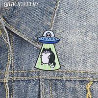 UFO Alien Abduction Cat Enamel Pin Sci-Fi Alien & Confused Cow Cat Brooch Bags Lapel Badge Funny Jewelry Gift for Kids Friends