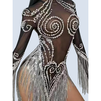 Sparkly Rhinestone Tassel Mini Dress Ladies Latin Dance Team Outfit Black See Through Mesh Dresses Stage Performance Pole Wear