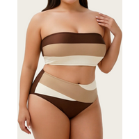 Women Plus Size Color Block Bikini Set 2026 High Waist Bandeau Tankini Sexy Swimsuit Beach Bathing Suit Summer Vacation Swimwear
