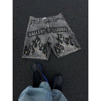 Gothic retro hot diamond denim shorts men's clothing street Harajuku Hiphop High High waiting jeans men's shorts casual pants