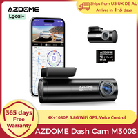 AZDOME M300S 4K Dash Cam vorne und hinten, 5,8 G WiFi GPS Dash Kamera für Autos, kostenlose 64 GB SD-Karte, Sprachsteuerung, WDR-Nachtsicht
