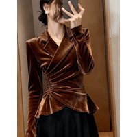 Red Wine Color Velvet Shirt Women's Autumn Winter Slim Fit Shirt French Style Long Sleeve Button Closure Pure Color Shirt