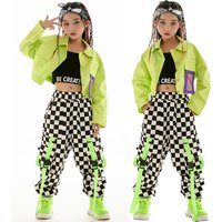 Hip Hop Costume Jazz Dance Kpop Outfit Stage Wear Fashion Girls Clothes Green Jacket Checkered Pants Long Sleeves Kids