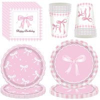 Pink Bow Party Supplies Paper Cup Plates Napkins Pink Disposable Tableware Bow Balloon Girls Coquette Birthday Party Decorations