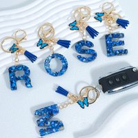Blue Stone Filled Resin Initial Letter Keychains With Metal Butterfly Tassel Women Men Car Key Holder Handbag School Bag Decor