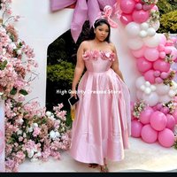 Evening Dresses Plus Size Pink Satin Spaghetti Strap Gown 3D Floral Wedding Guest Tea Party Birthday Formal Customized
