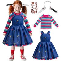 Costume de Cosplay d'halloween pour filles, robe en Denim bleu Chucky, chemise rayée arc-en-ciel, ensembles de 2 pièces pour enfants, tenue de film de Cosplay d'horreur