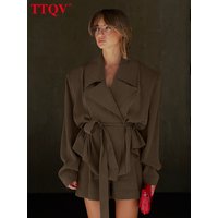 TTQV Fashion Loose Brown 2 Piece Set Women 2026 Elegant Long Sleeve Shirt With High Waist Shorts Set Female Clothing Streetwear