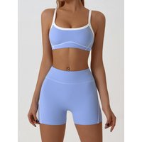 Nude High-elasticity Yoga Suit Contrasting Color Bra Halter Top Hip-lifting Fitness Line Shorts Pilates Sports Set