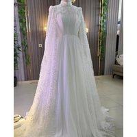 Dubai Muslim Luxury Wedding Dress Beading Lace A-Line High Neck Abito Da Sposa Chiffon Pleated Long Sleeve Bridal Gowns