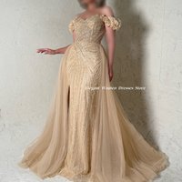 Evening Dress Champagne Mermaid Gown Off Shoulder 3D Floral Sleeve Full Beaded Tulle Train Formal Wedding Guest Dress Customized