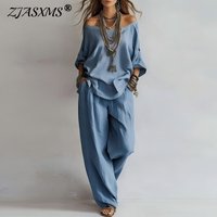 Streetwear Woman 3/4 Sleeve Loose 2 Piece Outfits 2026 Spring Sexy Off Shoulder Top Pullover And Casual Pants Set Vacation Suits
