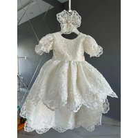 White Newborn Baby Girl Christening Gown Lace Applique Beaded Princess Baptism Dress Toddler Baby 1 Year Birthday Clothes