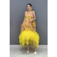 Summer 2024 New Printed Folds Elegant Loose Long Cake Dresses Women Fashion Chiffon Sleeveless Dress Ladies Wholesale J218