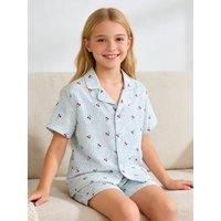 Girls' Pajama Home Wear Set, Cherry Short Sleeve Pajamas and Shorts, Perfect for Summer Sleepover Parties and Nighttime Wear