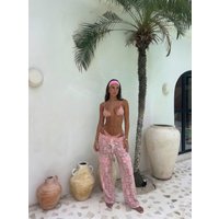 Sexy Pink Bikini Set Lace Wide-Leg Pants Soft Top Women 3Pcs Swimsuit Sexy Lace Up Bikini Set Swimwear Beachwear Summer Glamour