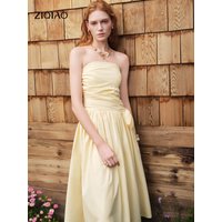 ZIQIAO 2026 Summer Women's Yellow Halter Neck Tie Back Maxi Dress with Waist-Defining Fit - Elegant Resort Style for Vacation