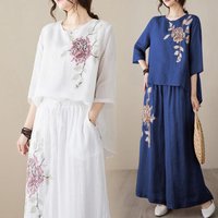 Two-piece Suit Cotton Vintage Embroidered Women Clothing Summer Thin Office Lady Printing O-neck Short Sleeve Matching Sets