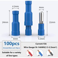 100Pcs Blue Bullet Connectors 16-14AWG Female & Male Bullet Butt Connector for Automotive, Boat, Stereo, Industrial Equipment