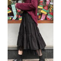 Women's autumn high waisted elastic mesh long chiffon MIDI skirt layered cake long skirt women's black and white casual street s