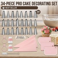 34pcs Piping Tips Set with TPU Bags & Scrapers - Icing Nozzles,Converters, Brush Complete Cake Decorating Kit for Beginners
