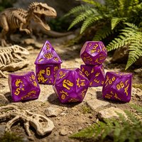 Dinosaur Themed DND Dice Set, 7Pcs Purple Shimmer Dice Set with Gold Dino Skeleton & Footprint for DND Tabletop RPG & Board Game