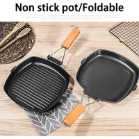 Nonstick Grill Pan for Steak, Versatile Frying Pan with Woodle Handle,Foldable Handle Square Grill Pan for Indoor& Outdoor Grill