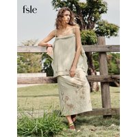 FSLE 【Premium Series】Vintage Printed Camis Midi Skirt Set Square Neck Sleeveless Summer Elastic Waist Outfit Silk Office Daily