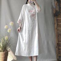 2026 Chinese stand collar slant placket embroidery cotton linen dress women's long retro loose three quarter sleeve qipao dress