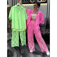 Fashion Long-sleeve Shirt Spliced Lace Two-piece Women's Pants Suit Spring Summer Elegant Casual Solid Woman 2 Piece Set Outfit