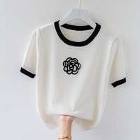 T-shirt tricoté pour femmes, broderie de fleurs d'été, vêtements de luxe de styliste, hauts Slim, T-shirt court à manches courtes pour femmes