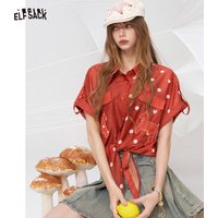 ELFSACK Cute Polka Dot Shirt with Horse Print, Vintage Red Short-Sleeve Blouse with Button Down, Kawaii Summer Top