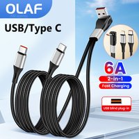OLAF 2-in-1 6A USB/PD Fast Charging Cable Type C Lightning Dual Charge Wire Bend USB Data Line For iPhone Samsung Xiaomi Phones