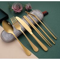7Pcs/set Tableware Reusable Travel Cutlery Set Camp Utensils Set with Stainless Steel Spoon Fork Chopsticks Straw Portable Case