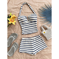 Women's Summer Striped Ruffled Back Top & Shorts Casual Set