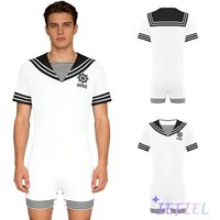 Homewear Bodysuit for Men Sailor Style Navy Collar Short Sleeve Press Button Crotch Print Jumpsuit Pajamas for Home Lounging