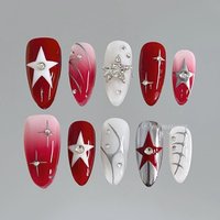 10 pieces of hand-pressed almond-shaped nails, beautiful fake nails, adorned with red and white stars, suitable for ladies