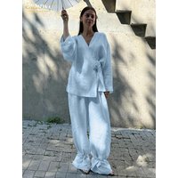 Clacive Fashion Loose Blue Two Piece Outfits Woman 2025 Elegant Long Sleeve Shirt With High Waist Wide Pants Set Female Clothing