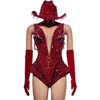 Sparkly Rhinestones Deep V Neck Bodysuit Gloves Hats Set for Women Sexy Performance Dance Costume Singer Dancer Show Stage Wear