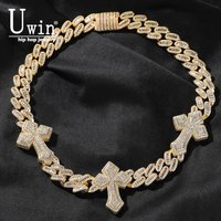 UWIN 15mm Cuban Chain With 3 Cross Necklace Full Iced Out CZ Link Cubic Zircon Fashion Luxurious Choker HipHop Jewelry