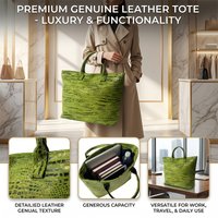 Avocado green faux leather crocodile pattern tote bag for women, glossy embossed handbag, large capacity commuter shopping bag