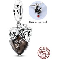 925 Sterling Silver Openable Anatomical Heart & Skull Dangle Charm Bead Gothic Locket Style Fit Bracelets Jewelry Gift for Women