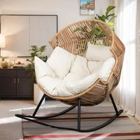 Nordic Beige Egg Chair PE Rattan Rocking with Cushion,Patio Lounge Outdoor, Indoor, Backyard, Balcony, Garden