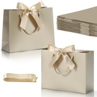 3/6/12pcs Champagne Gift Bags With Handles Elegant Bow Ribbon Paper Party Favor Bags Wedding Bridal Baby Shower Birthday Thanks