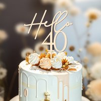 YOMDID Hello 40 Birthday Cake Topper Wooden 40th Cake Toppers for 40th Birthday Wedding Anniversary Cake and Cupcake Decorations